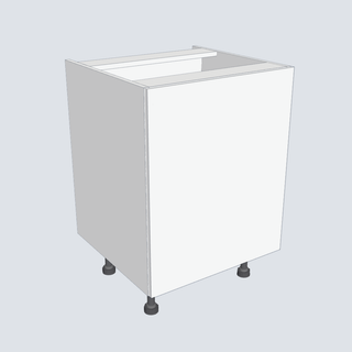 Made-to-Measure Base Cabinet Kit – 600 mm with optional doors, 600 × 720 × 560 mm, on 4 adjustable 150 mm legs, 3D render of the Uniboards cabinet model