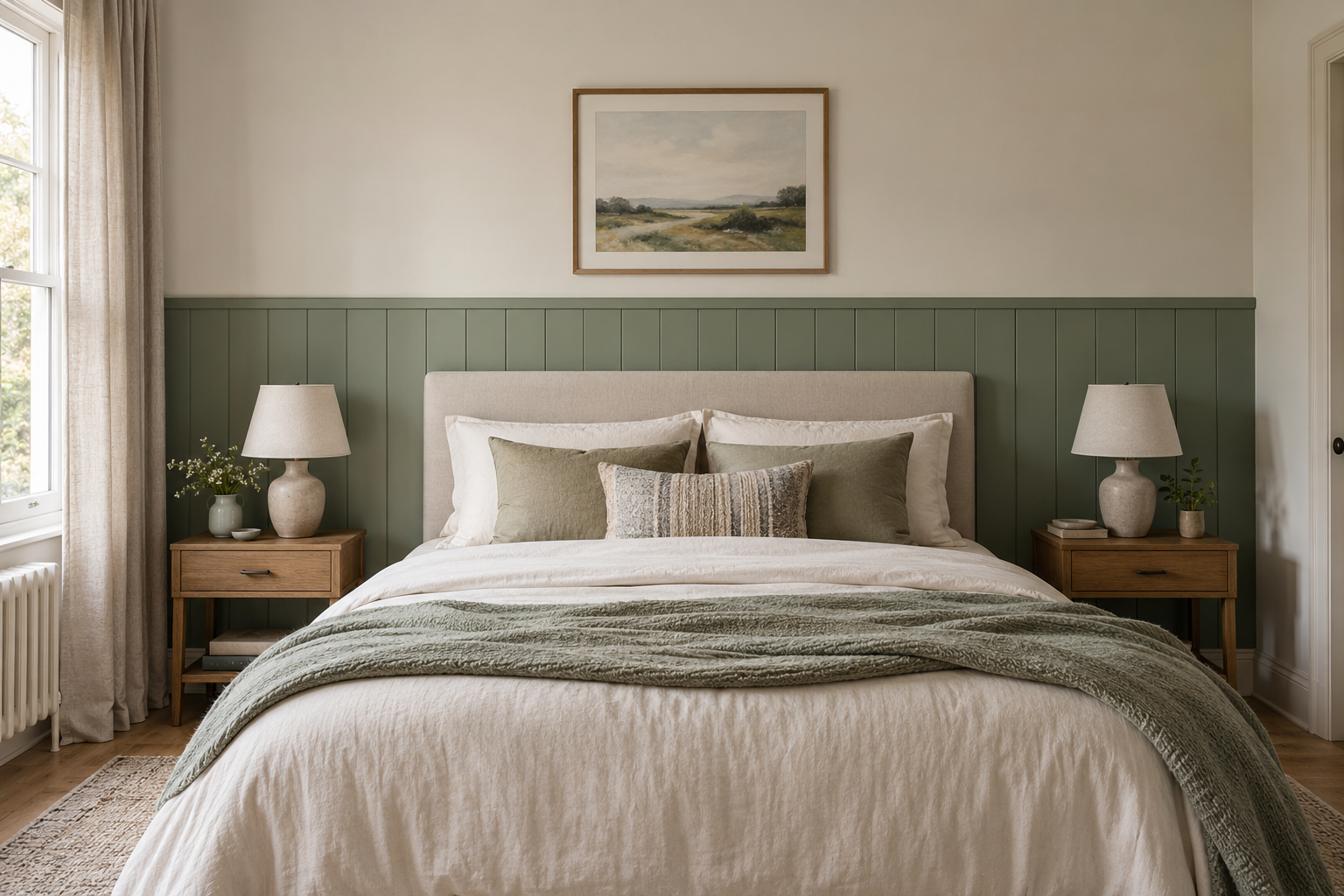 Illustrative bedroom with sage green beadboard panelling behind an upholstered headboard