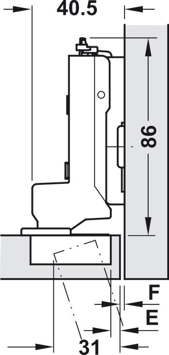 Tiomos Grass Hinge, 110° Standard, Inset Mounting, Impresso Fixing