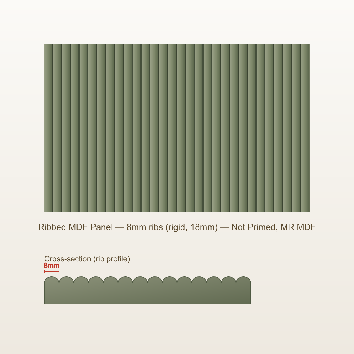 8mm ribbed MDF panel - not primed (green MR MDF), no top thickness