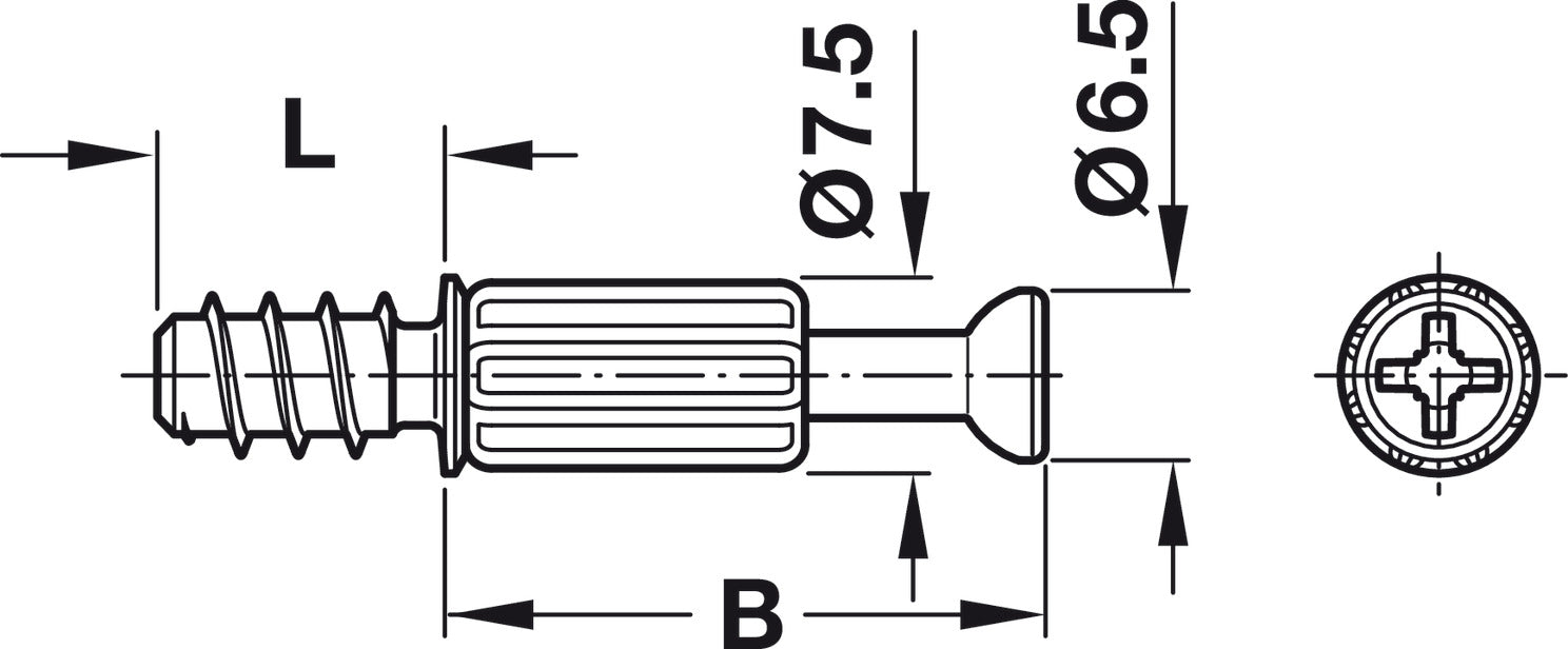 Connecting Bolt, with Harpoon-Type Thread, Bolt Head Ø 6.5 mm, Minifix S200