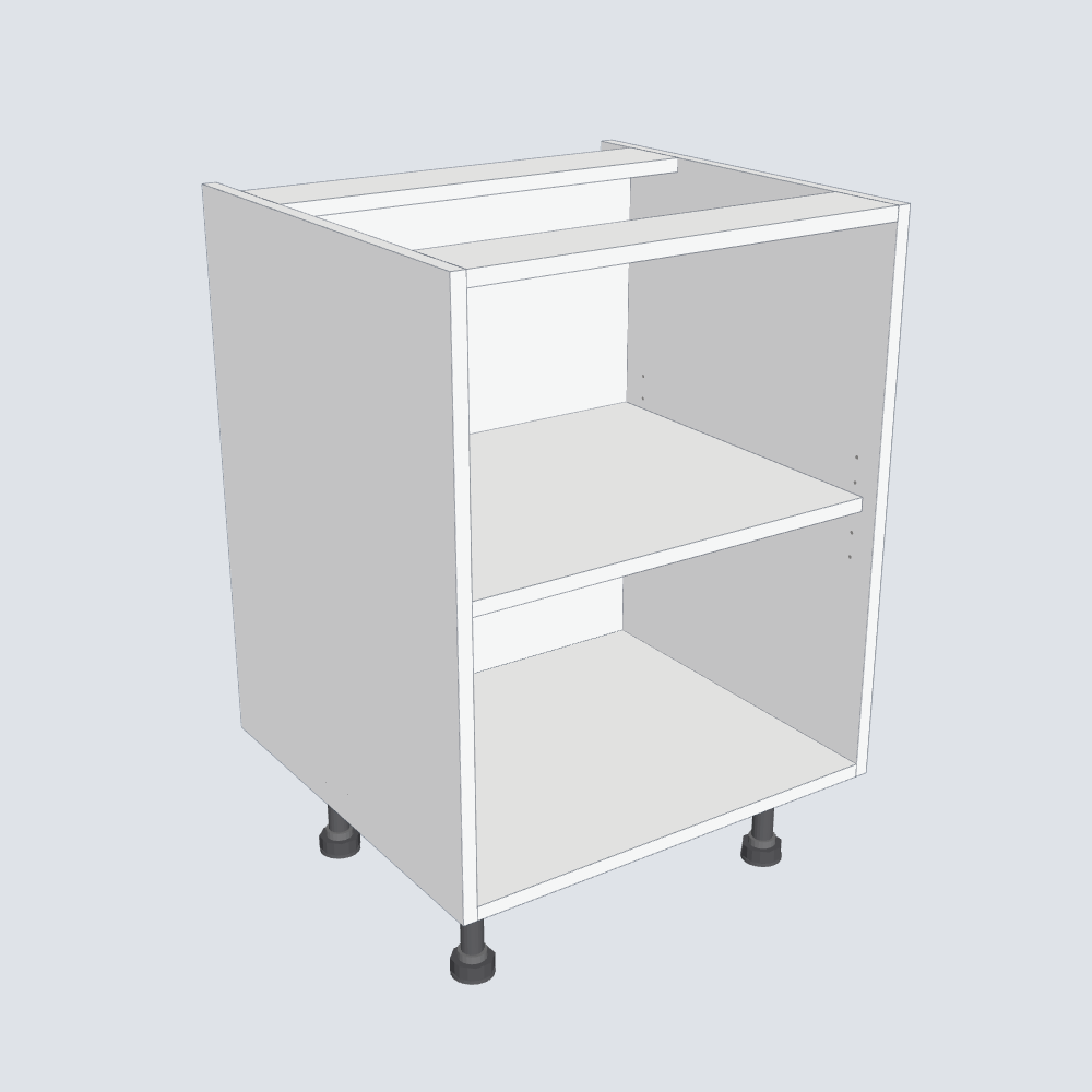 Made-to-Measure Base Cabinet Kit – 600 mm – default carcass without doors, 600 × 720 × 560 mm, on 4 adjustable 150 mm legs, Egger W1000 ST9 Premium White, 3D render of the Uniboards cabinet model