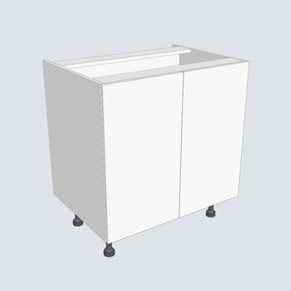 Made-to-Measure Wide Base Cabinet Kit – 800 mm with optional doors, 800 × 720 × 560 mm, on 4 adjustable 150 mm legs, 3D render of the Uniboards cabinet model