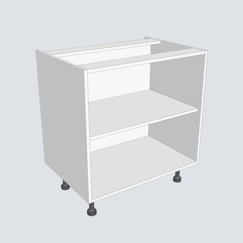 Made-to-Measure Wide Base Cabinet Kit – 800 mm – default carcass without doors, 800 × 720 × 560 mm, on 4 adjustable 150 mm legs, Egger W1000 ST9 Premium White, 3D render of the Uniboards cabinet model