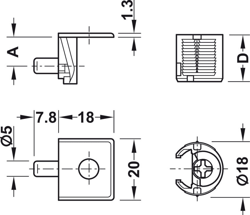 Shelf Connector, for Plug Fitting into Ø 5 mm Holes TAB 18