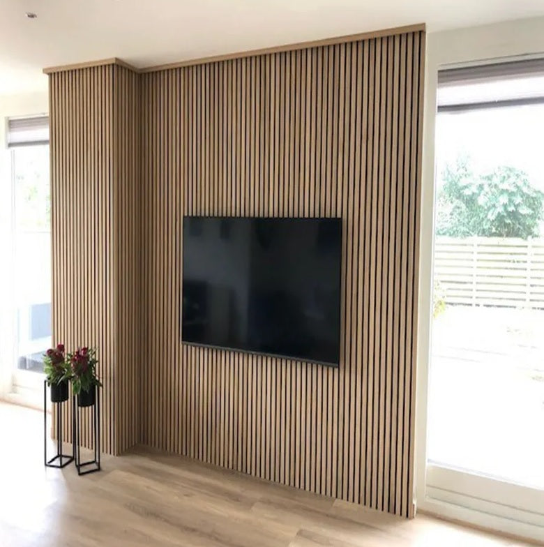 Natural Oak on Black MDF Slat Rigit Wall Panels